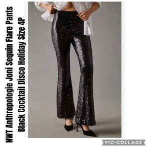 NWT Anthropologie Joni Sequin Flare Pants Black Cocktail Disco Holiday Size 4P